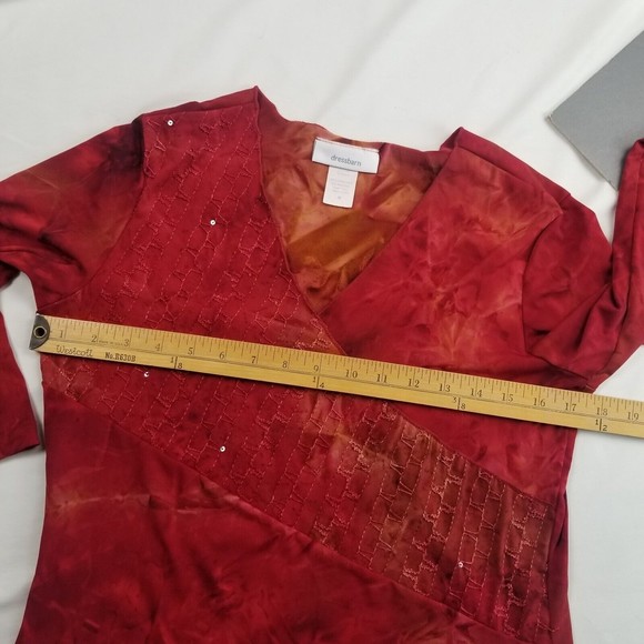 Vintage Dressbarn V Neck Top Women M Red Tie Dye 3/4 Slv Stretch Sequin 90s Y2K - Picture 8 of 14